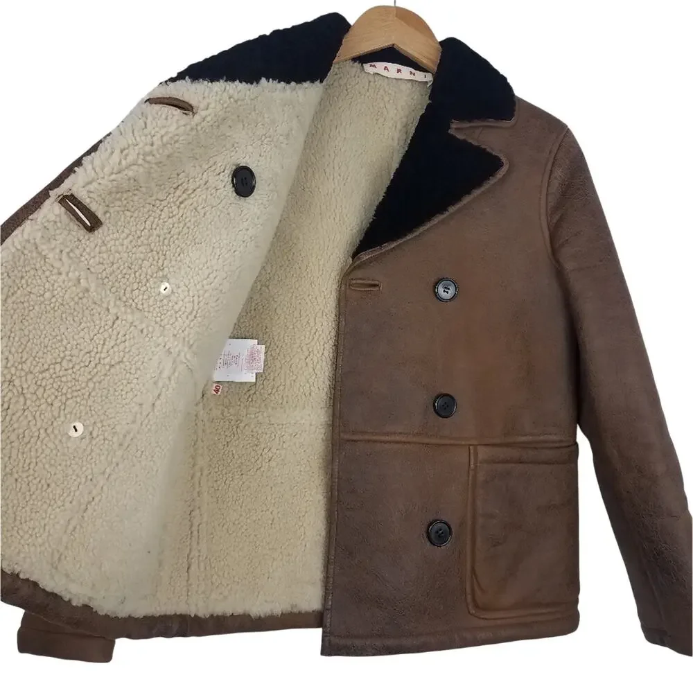 Marni | Brown Leather & Sheepskin Jacket Black Collar 40 Small